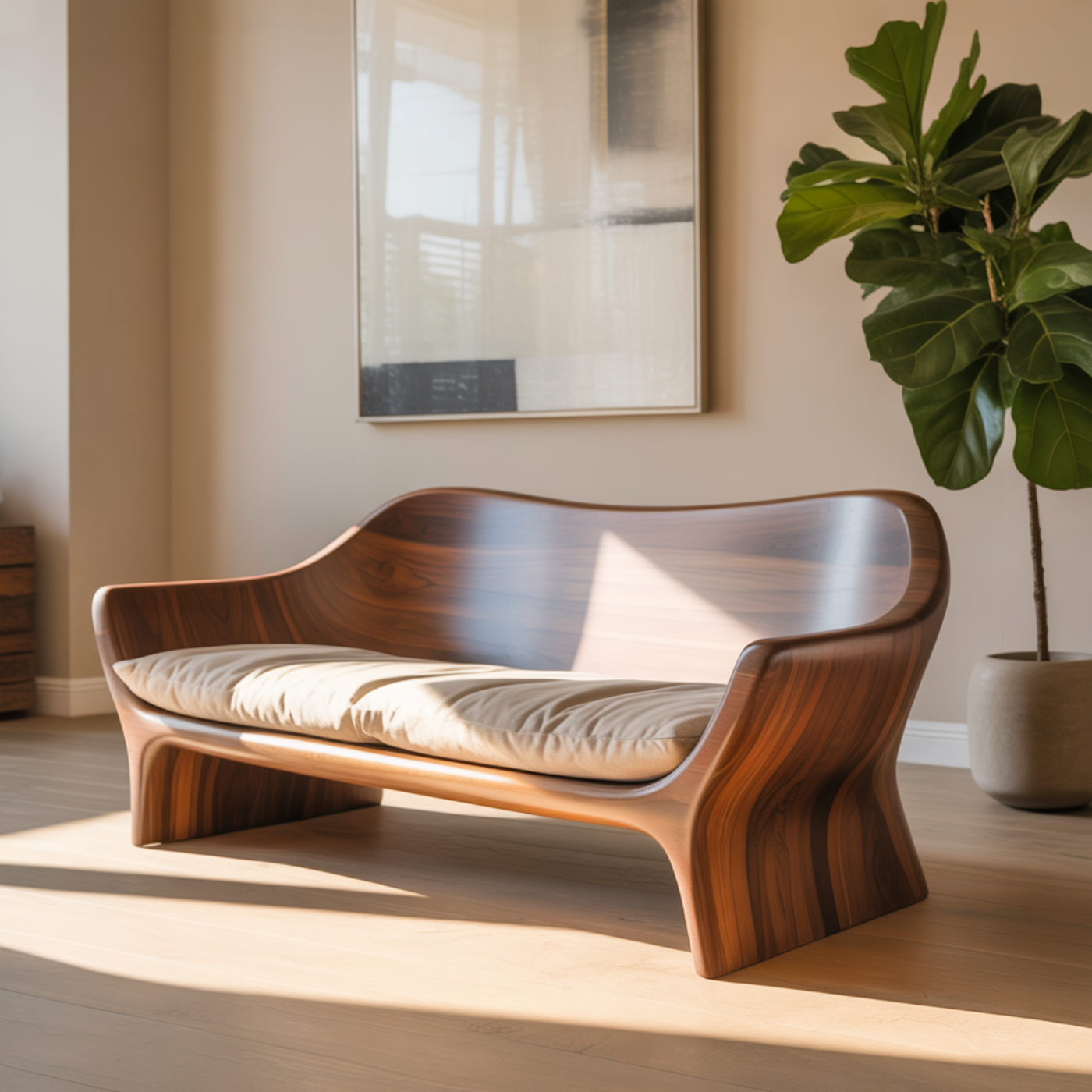 Handcrafted Solid Walnut Sofa – Sculptural Organic Wood Couch with Smooth Curves and Cushion Seat