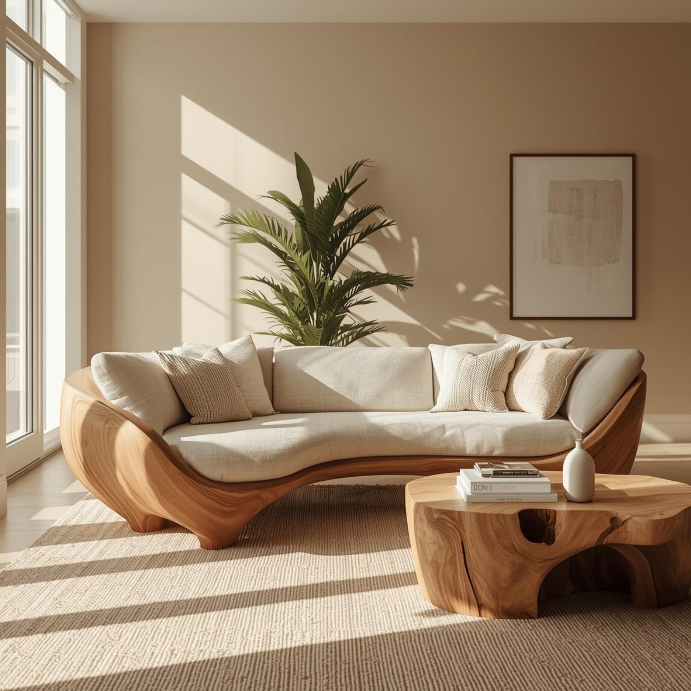 Handcrafted Solid Walnut Sofa – Modern Sculptural Wood Couch with Smooth Organic Curves