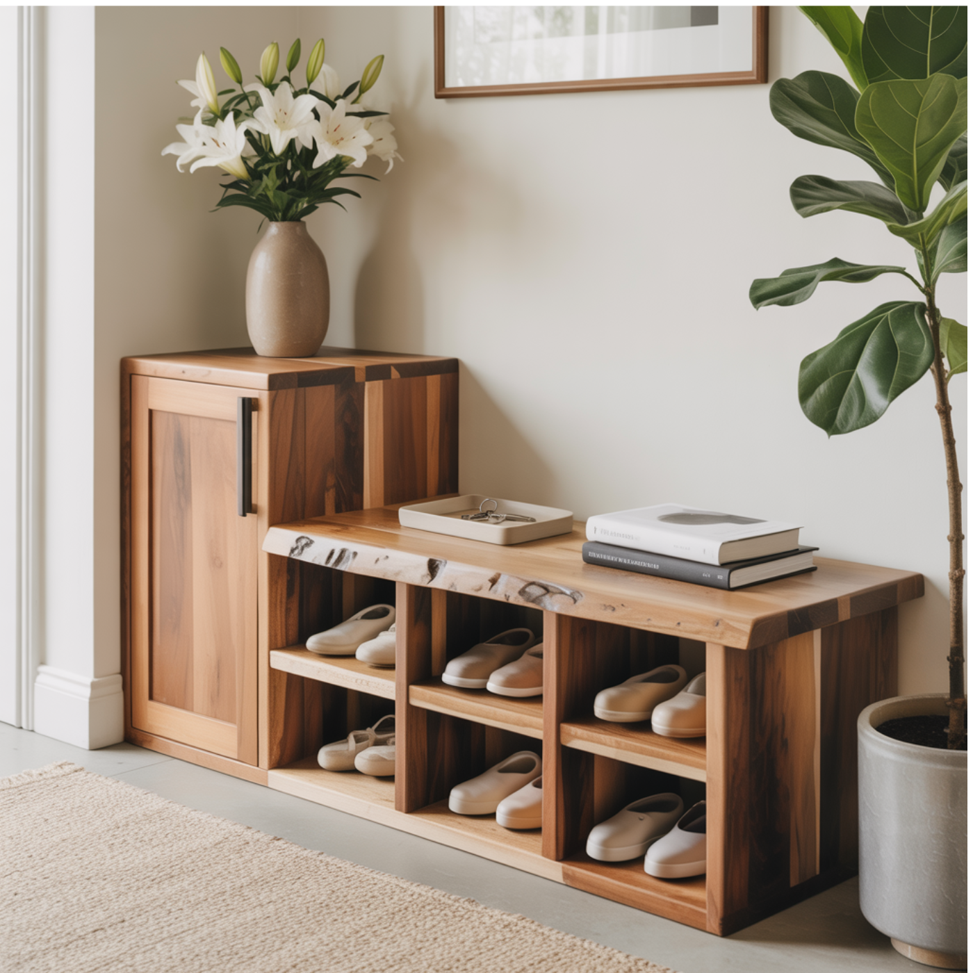 Handcrafted Solid Wood Bench - Live-Edge Entryway Shoe Storage Cabinet