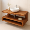 Handcrafted Floating Solid Wood Bathroom Vanity – Rustic Live Edge Countertop with Open Shelf – Modern Minimalist Design