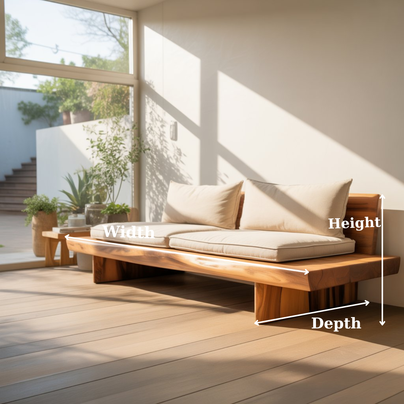 Handcrafted Solid Wood Sofa – Low Minimalist Design with Natural Live Edge and Linen Cushions