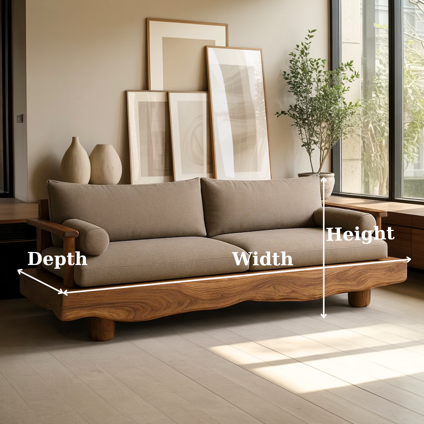 Handcrafted Solid Wood Sofa – Rustic Live Edge Wood Couch with Modern Minimalist Cushion Design