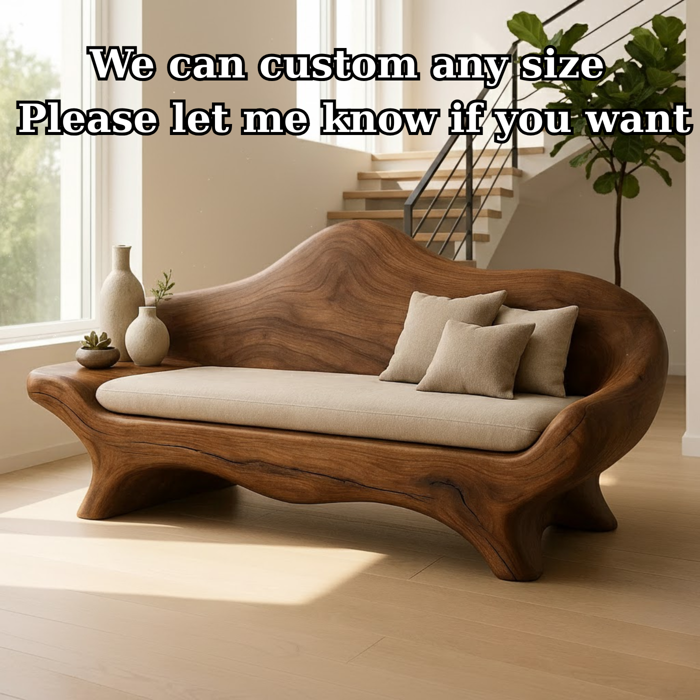 Handcrafted Solid Wood Sofa – Sculptural Organic Wood Couch with Linen Cushion