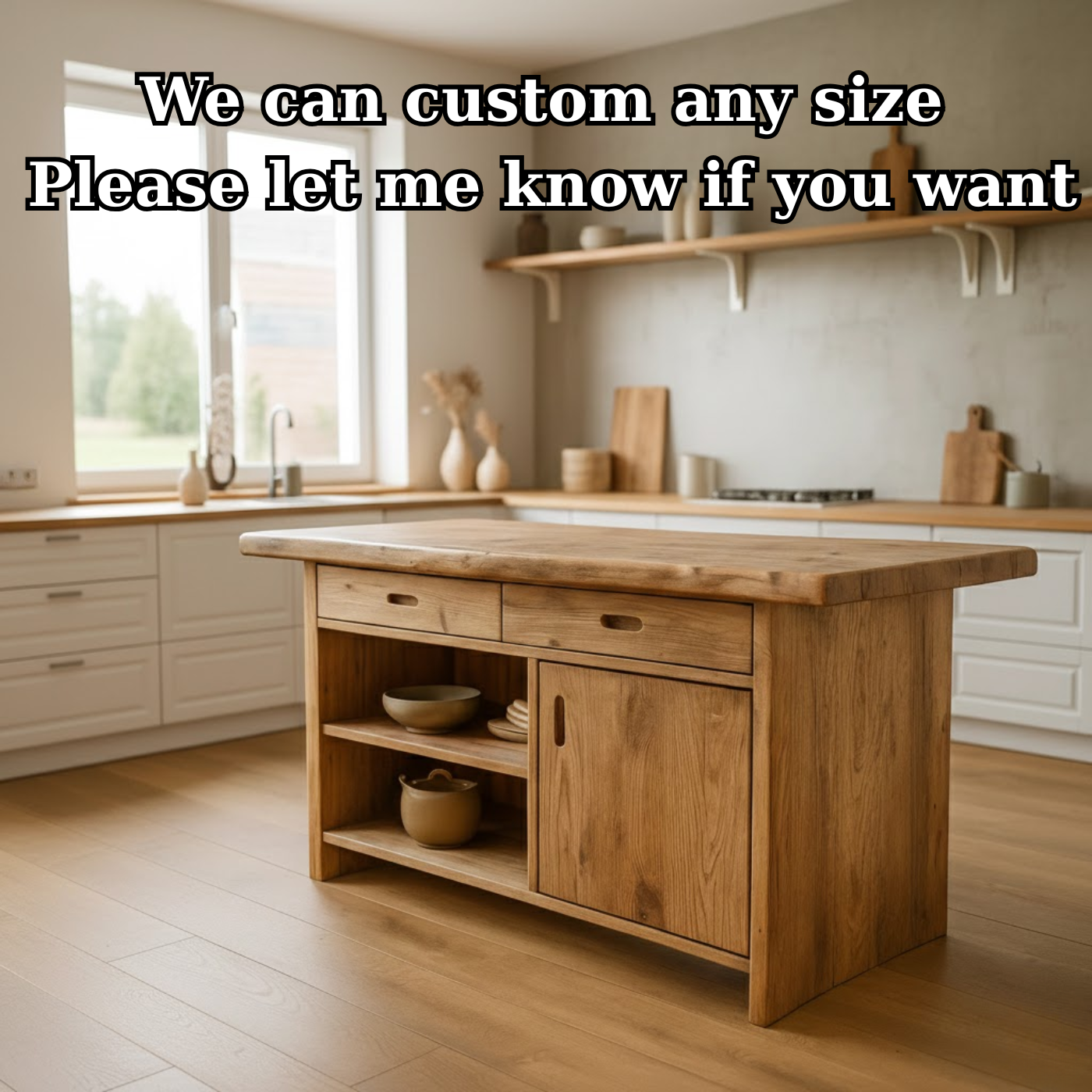 Handcrafted Solid Wood Kitchen Island with Open Shelves and Sliding-Door Storage