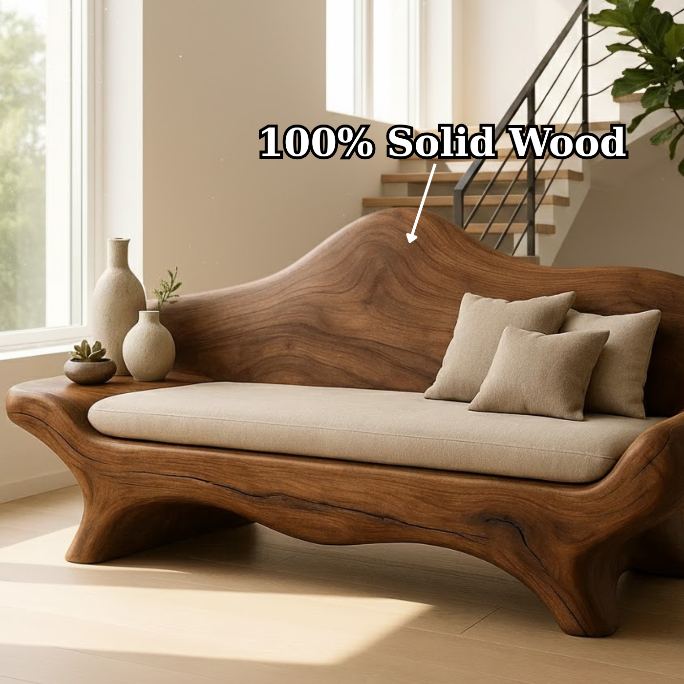 Handcrafted Solid Wood Sofa – Sculptural Organic Wood Couch with Linen Cushion