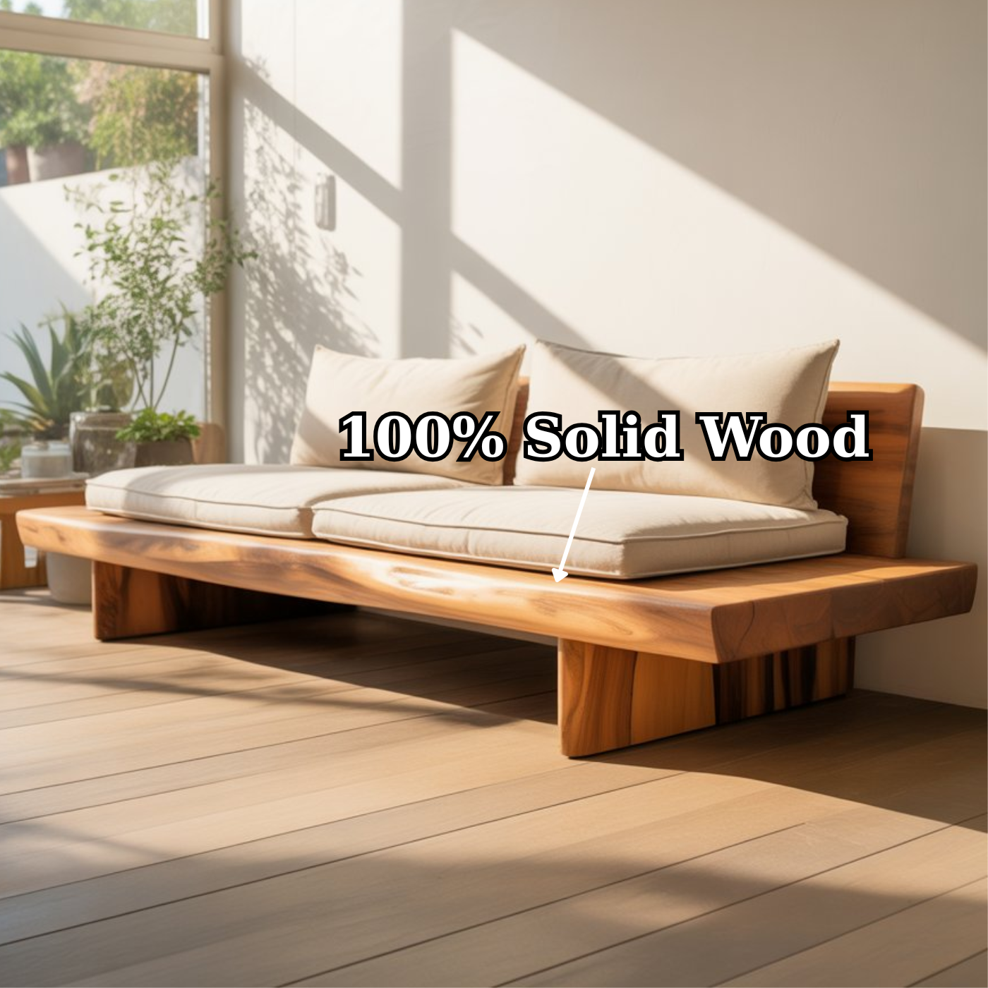 Handcrafted Solid Wood Sofa – Low Minimalist Design with Natural Live Edge and Linen Cushions