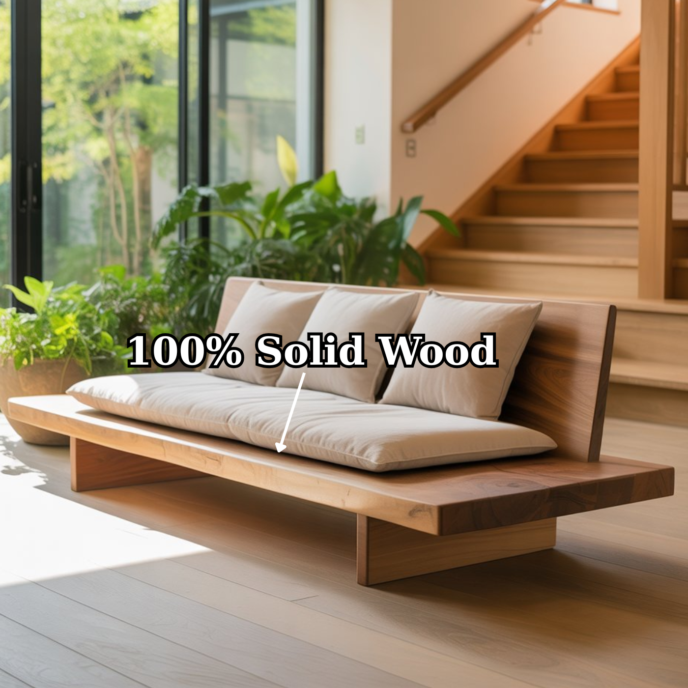 Handcrafted Solid Wood Sofa – Low Japanese Style Couch with Minimalist Design and Linen Cushions