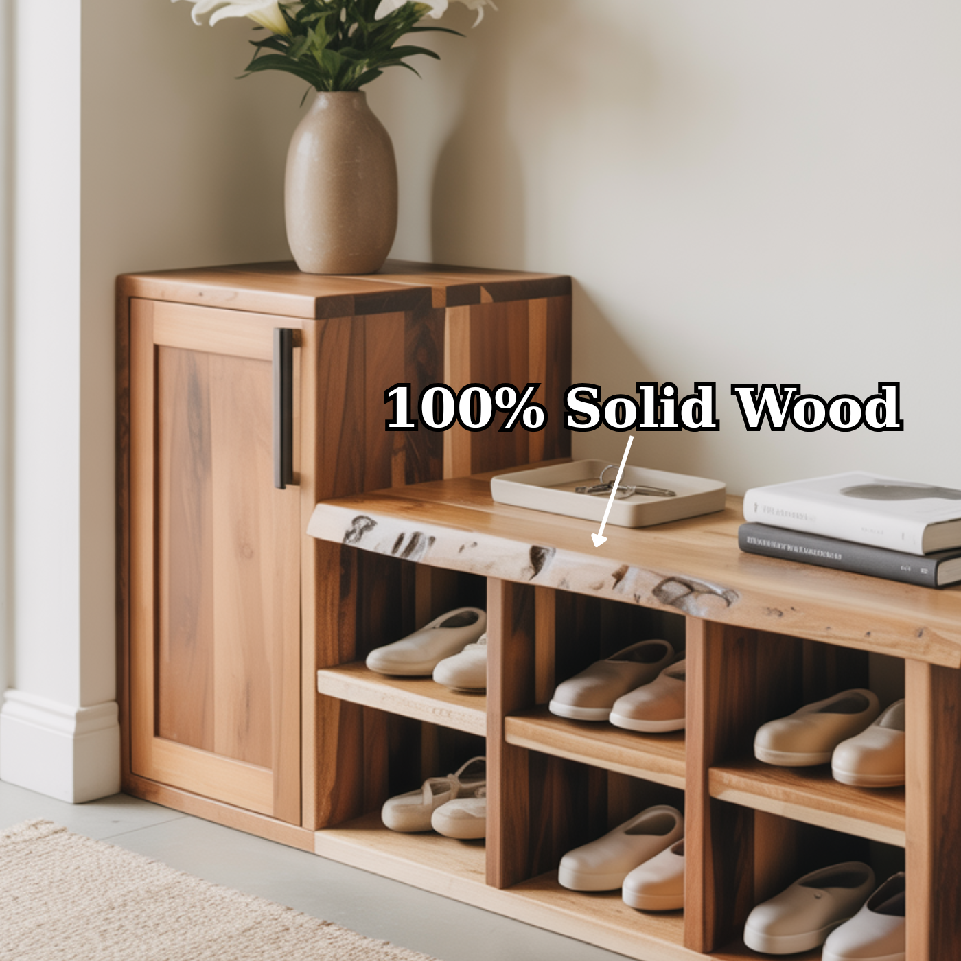 Handcrafted Solid Wood Bench - Live-Edge Entryway Shoe Storage Cabinet