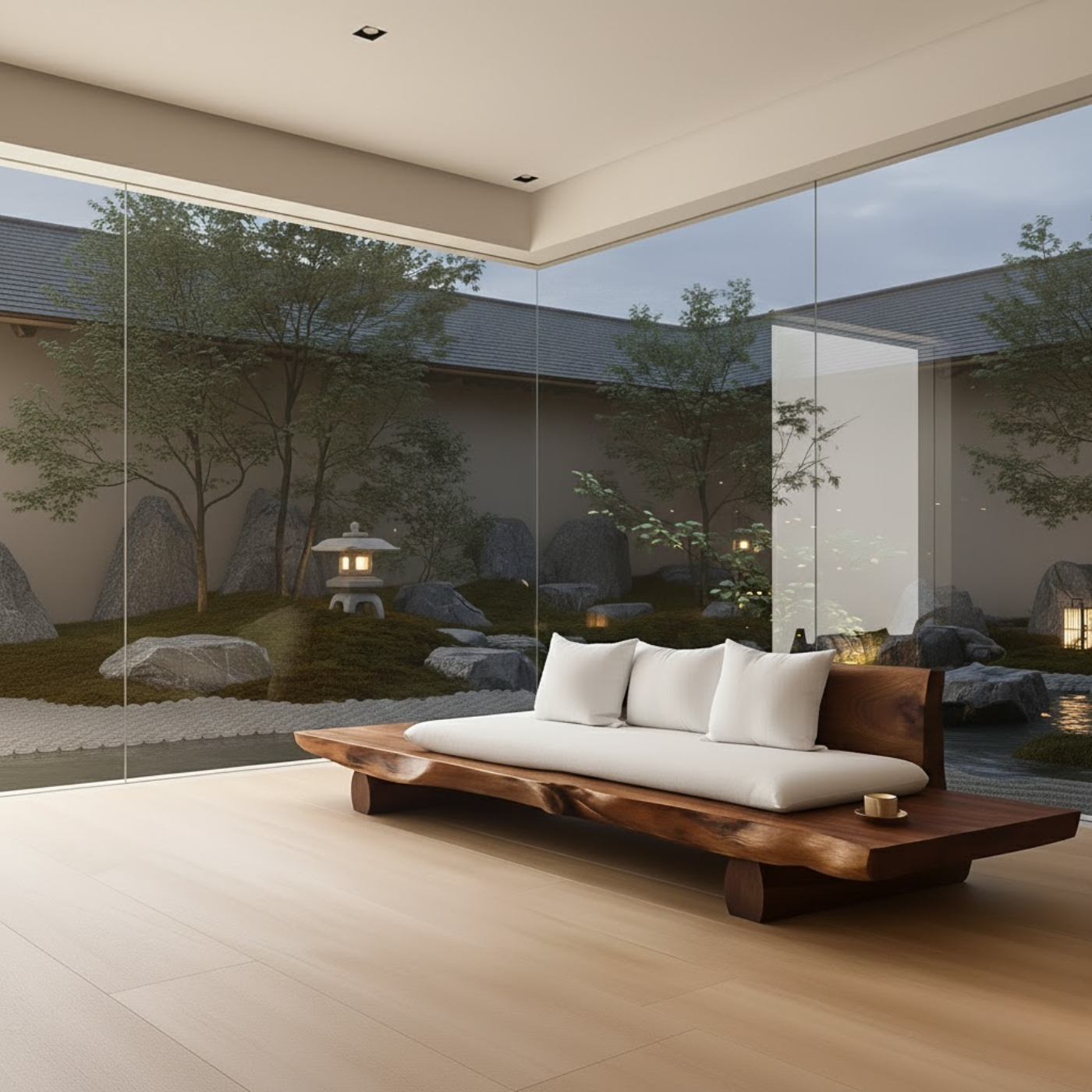 Handcrafted Solid Wood Sofa – Low Live Edge Wood Couch with Minimalist Zen Design