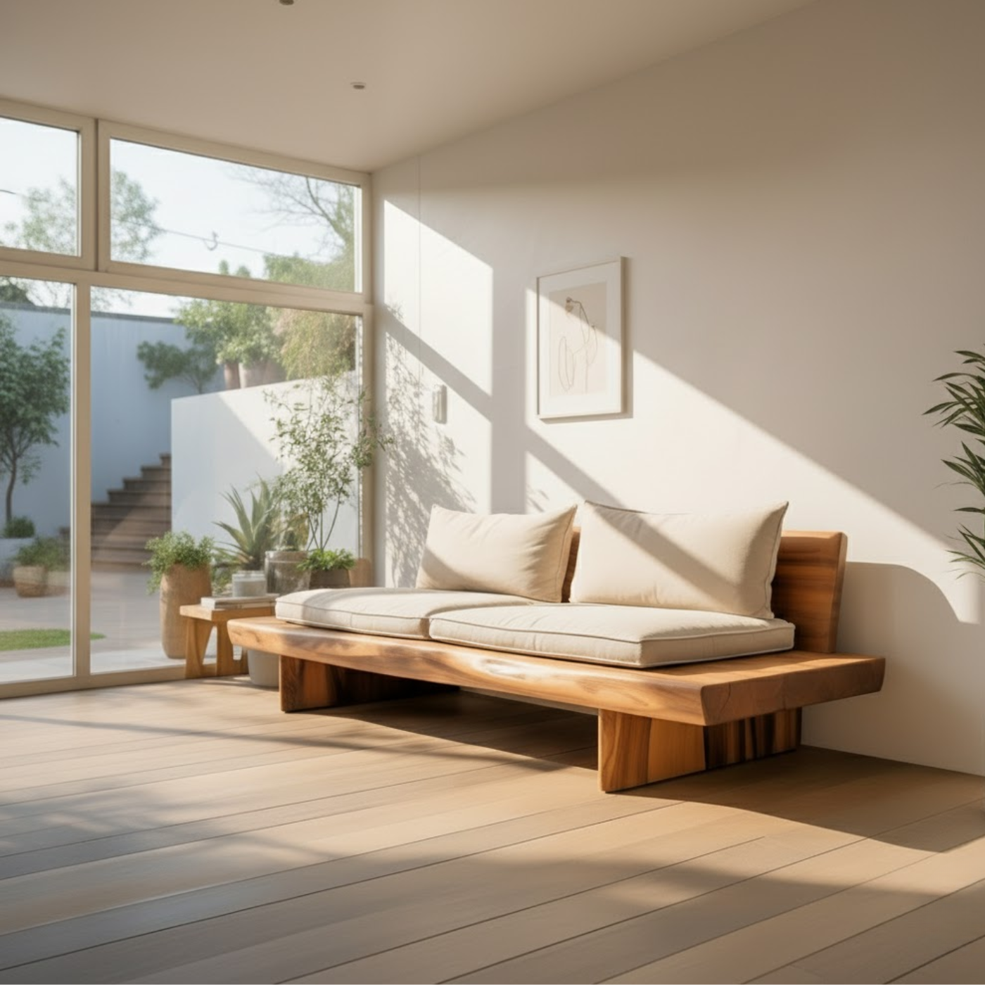 Handcrafted Solid Wood Sofa – Low Minimalist Design with Natural Live Edge and Linen Cushions