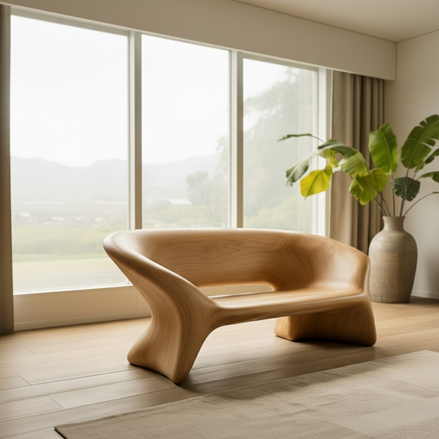 Handcrafted Solid Wood Sofa – Sculptural Organic Bench-Style Couch with Smooth Minimalist Design