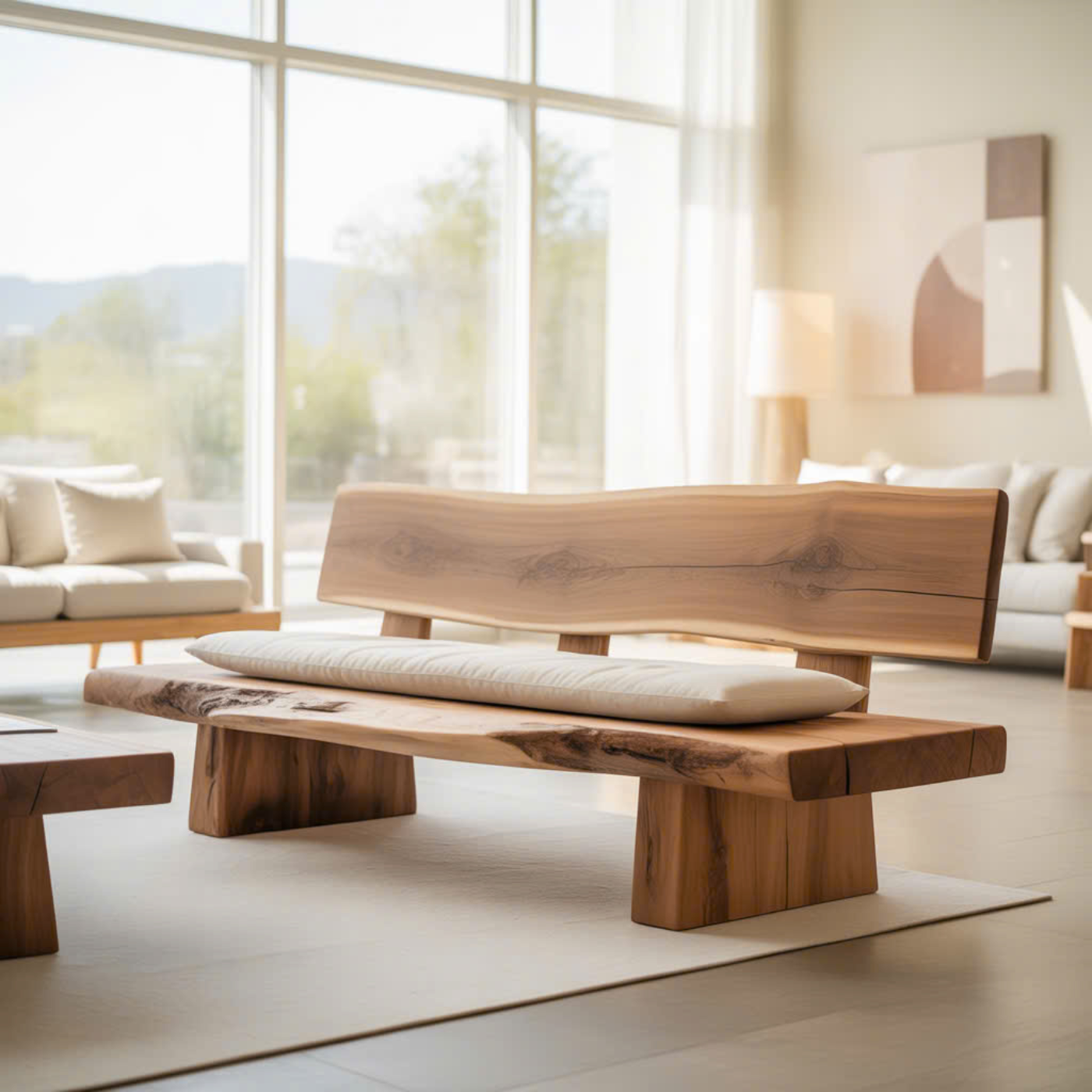 Handcrafted Solid Wood Sofa – Rustic Live Edge Bench-Style Couch with Minimalist Natural Design