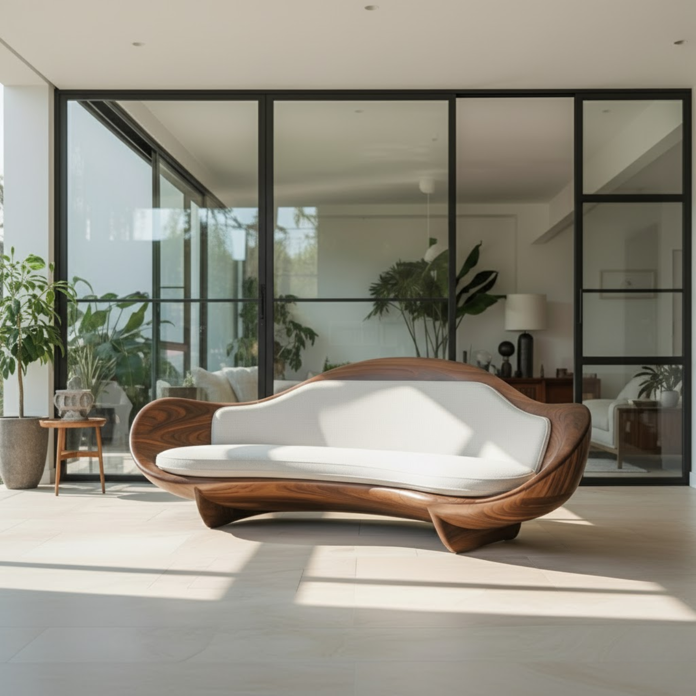 Handcrafted Solid Wood Sofa – Modern Organic Sculptural Couch with Curved Wood Frame