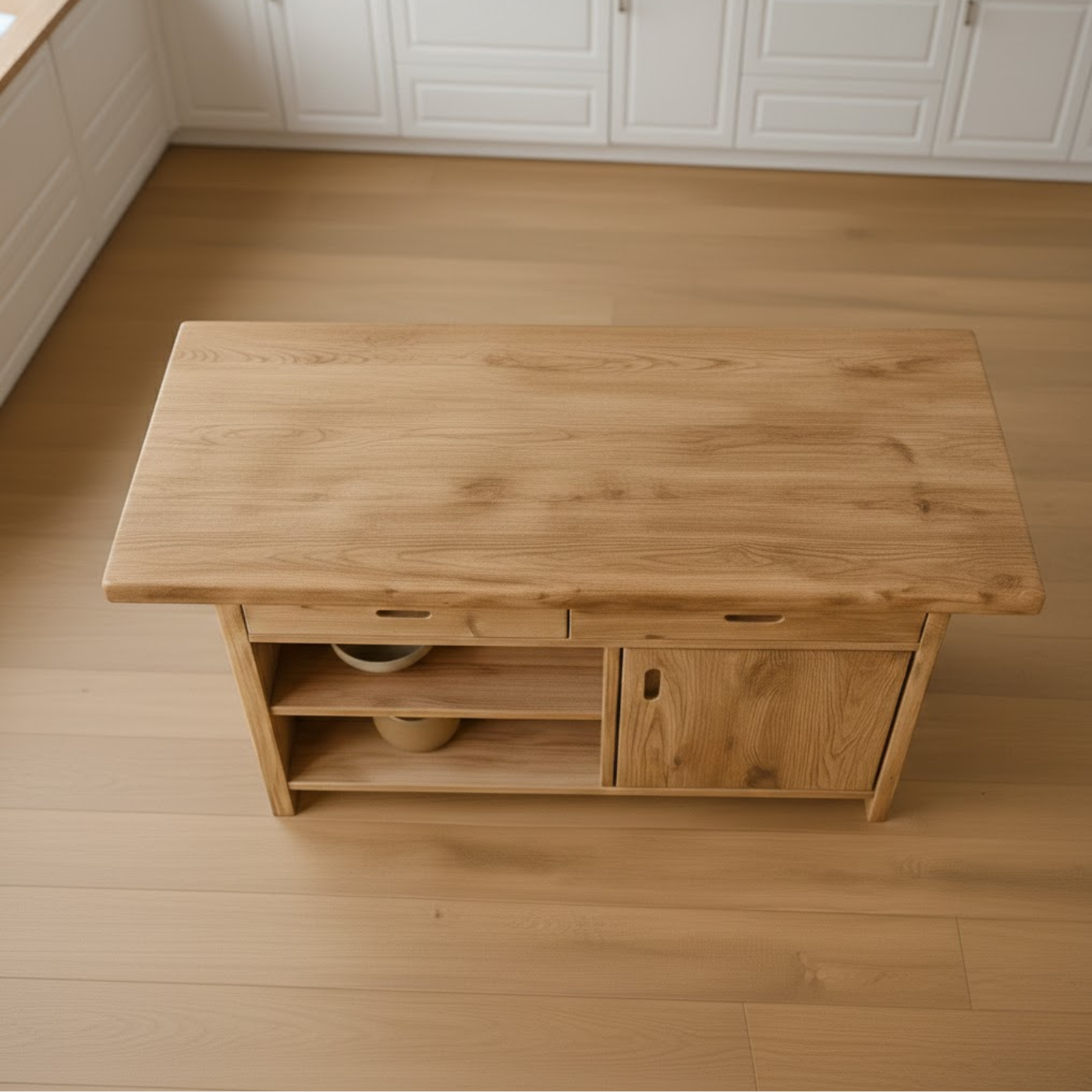 Handcrafted Solid Wood Kitchen Island with Open Shelves and Sliding-Door Storage