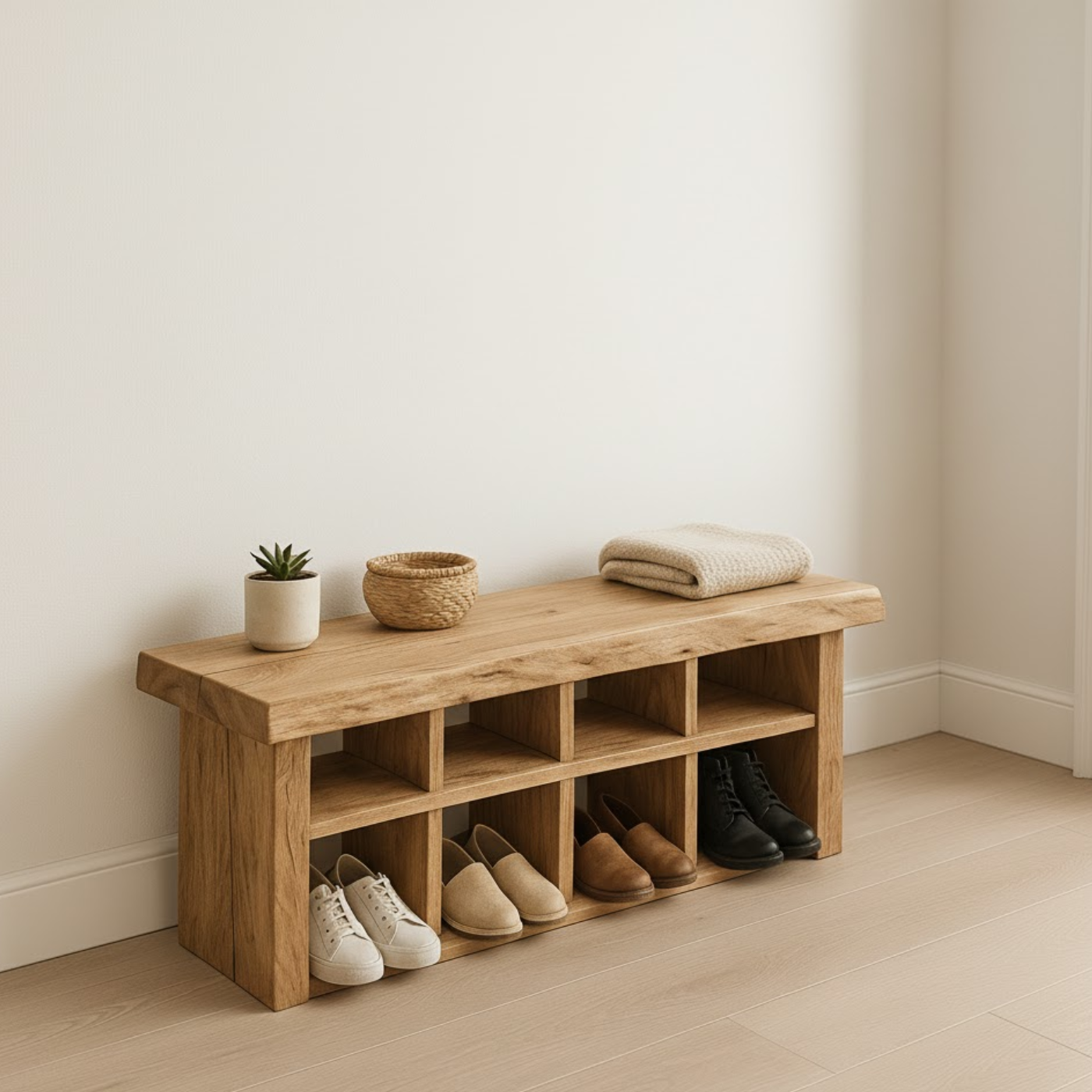 Handcrafted Solid Wood Bench with Shoe Compartments – Modern Rustic Hallway Storage