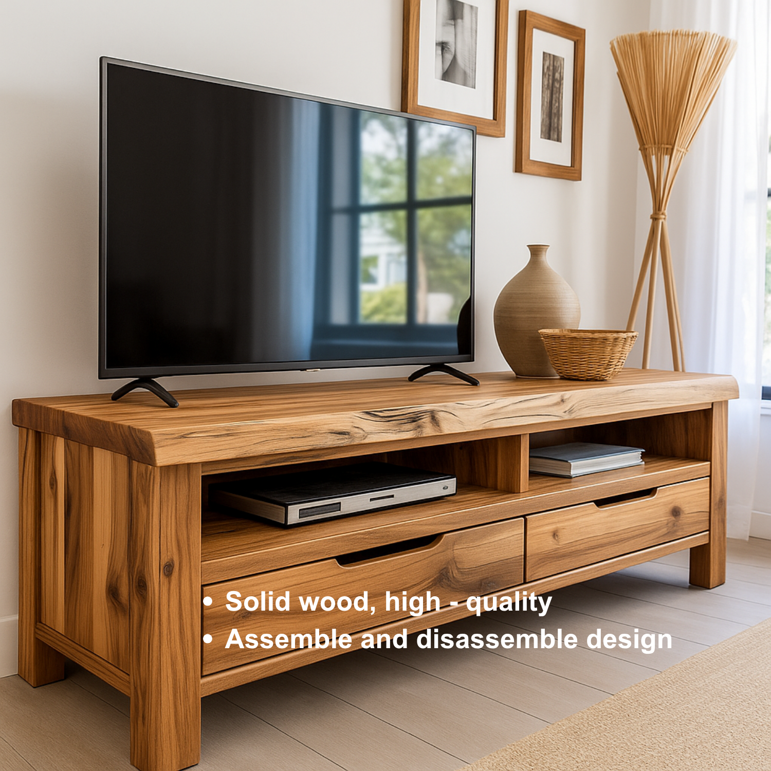 Handcrafted Solid Wood TV Stand with Live Edge Design – Rustic Natural Media Console with Drawers & Open Shelves