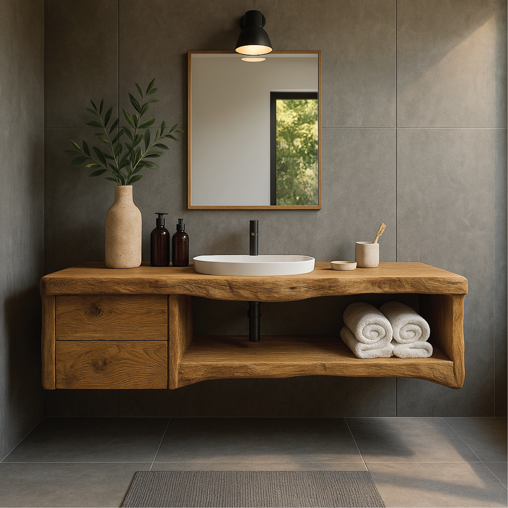 Handcrafted Solid Wood Floating Vanity with Natural Live Edge Design and Modern Minimalist Style