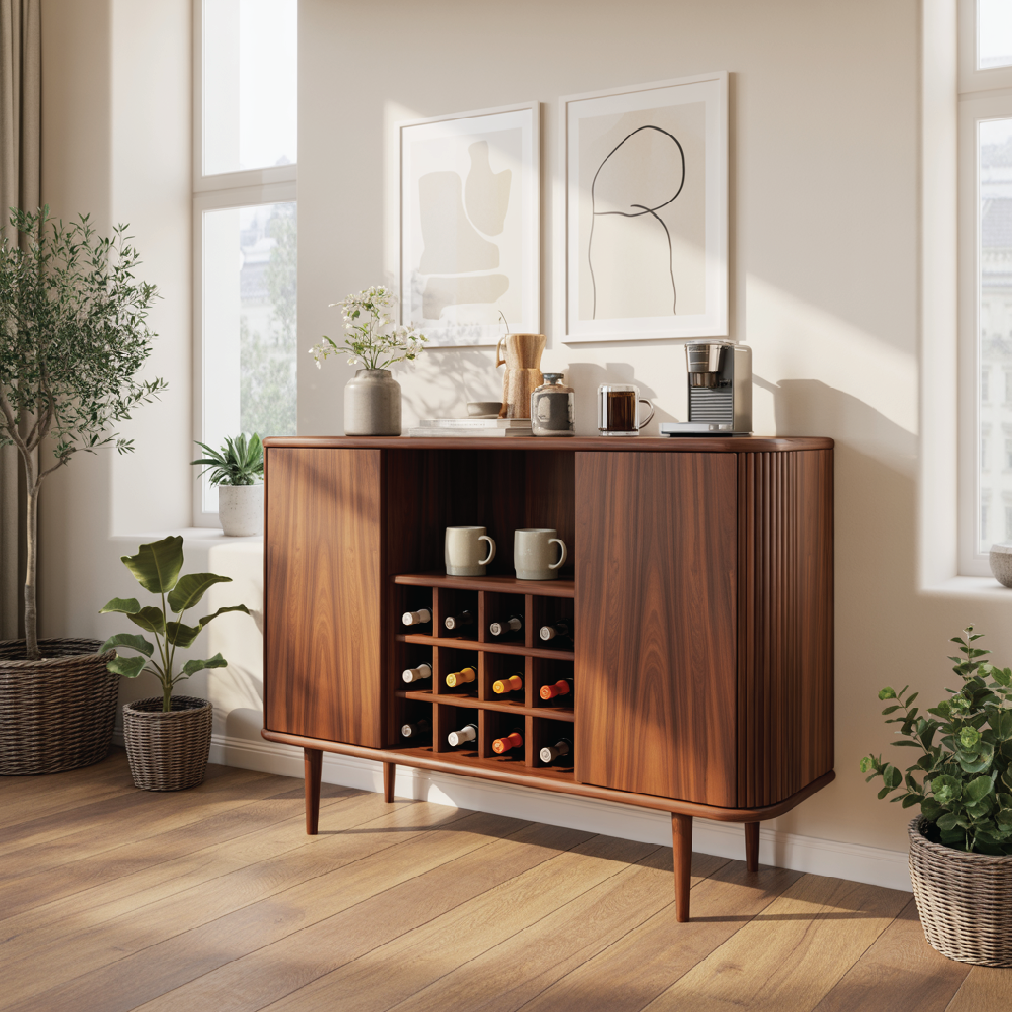 Solid Wood Wine Storage Cabinet with Built-In Bottle Rack and Sliding Doors for Modern Homes
