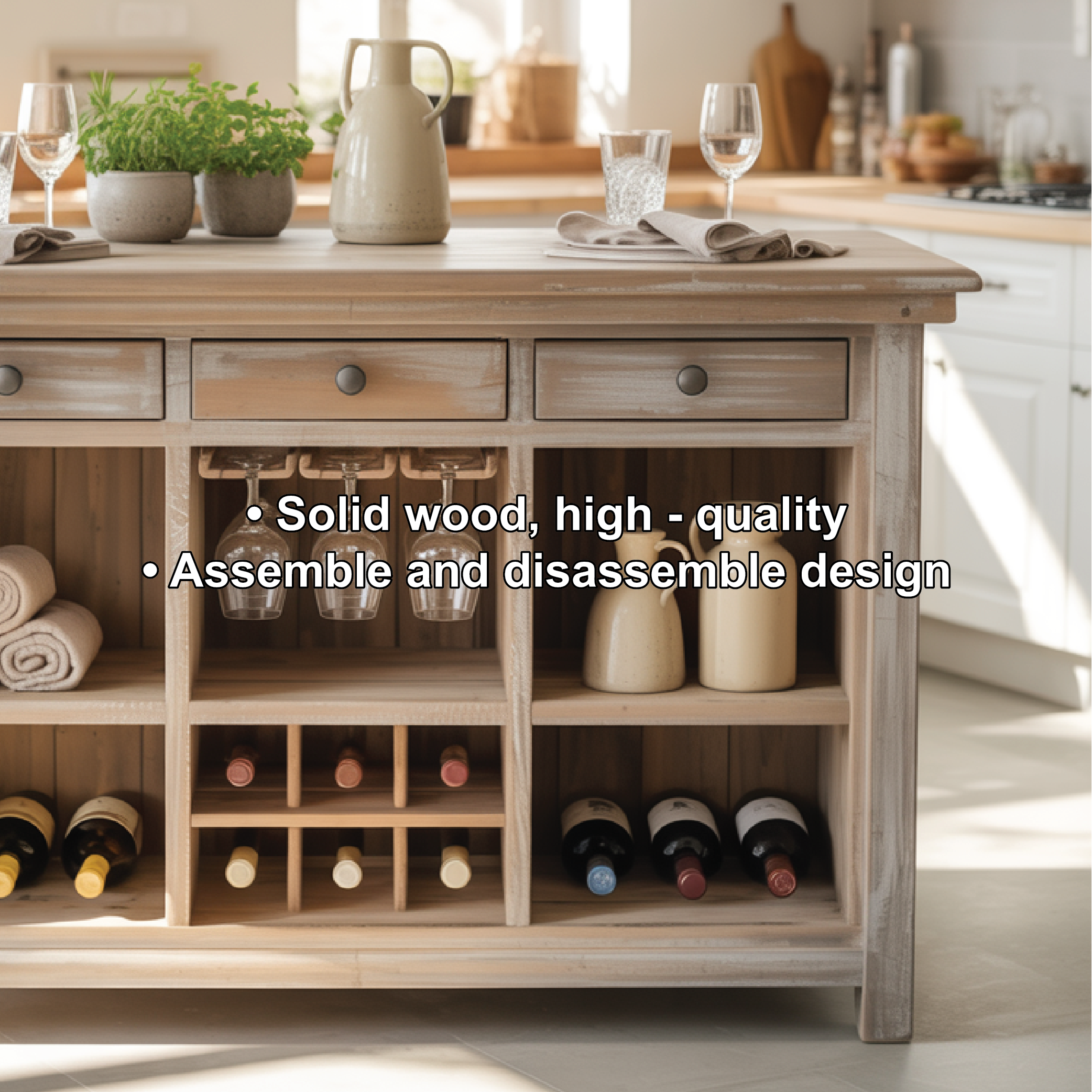 Handcrafted Solid Wood Dining Cabinet with Wine Storage and Hanging Glass Display