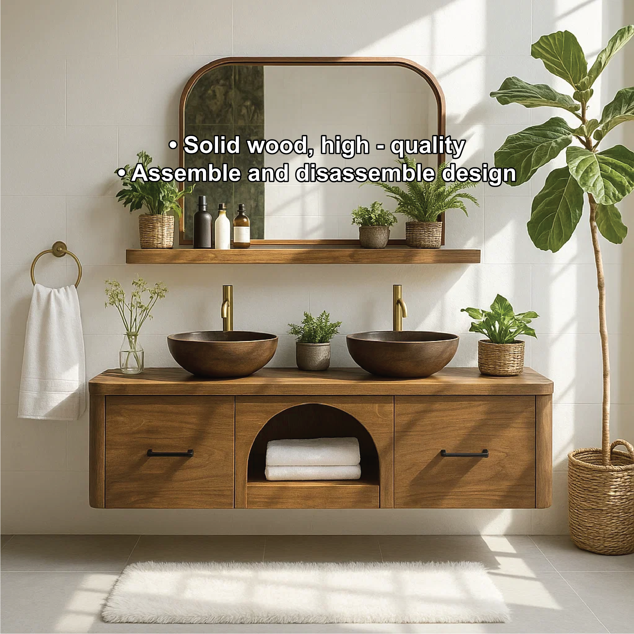 Handcrafted Solid Wood Double Floating Vanity – Arched Center Storage Design