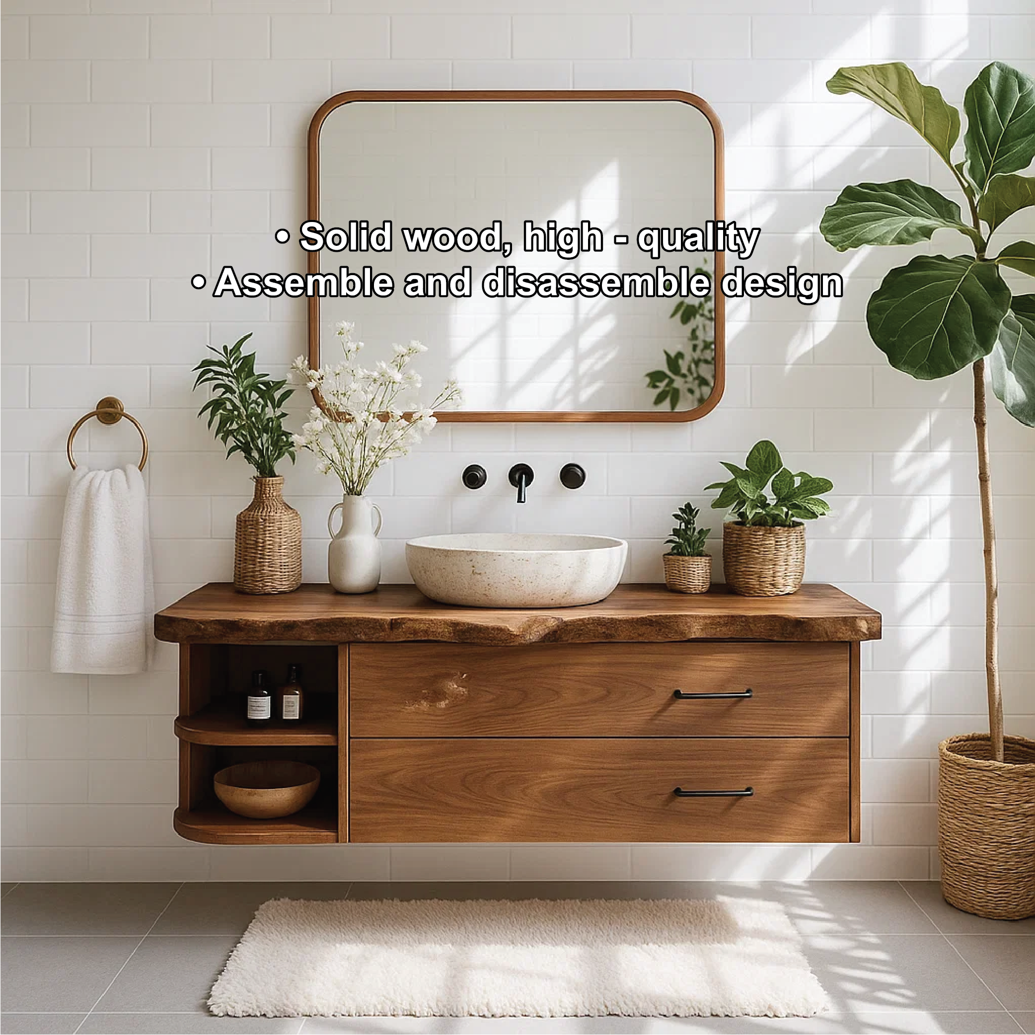 Handcrafted Solid Wood Floating Vanity with Live Edge Design and Dual Storage Drawers