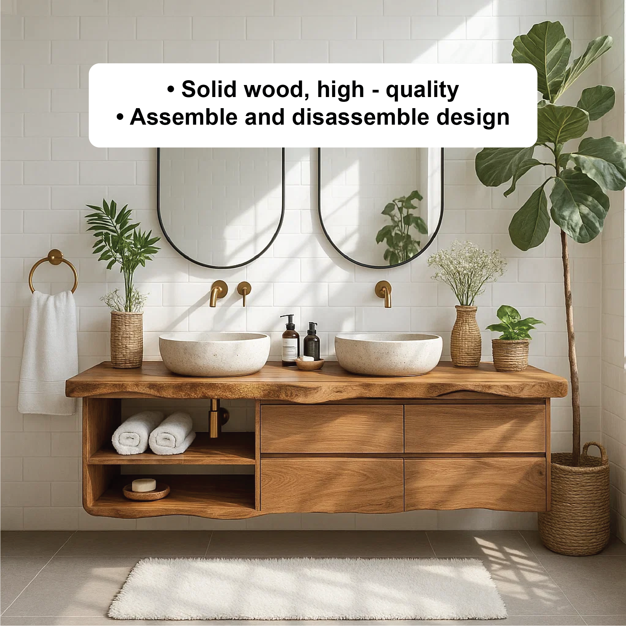 Handcrafted Solid Wood Double Floating Vanity with Live Edge Design and Ample Drawer Storage