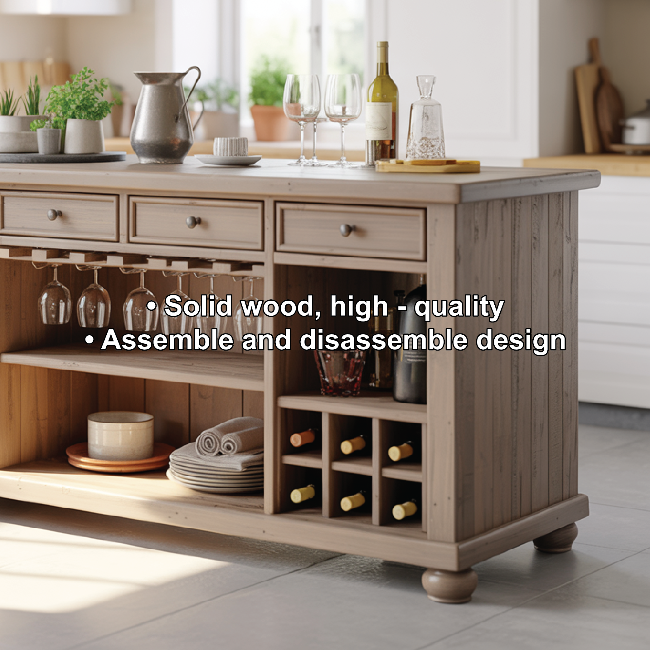 Handcrafted Solid Wood Kitchen Island with Wine Storage, Drawers, and Open Shelving