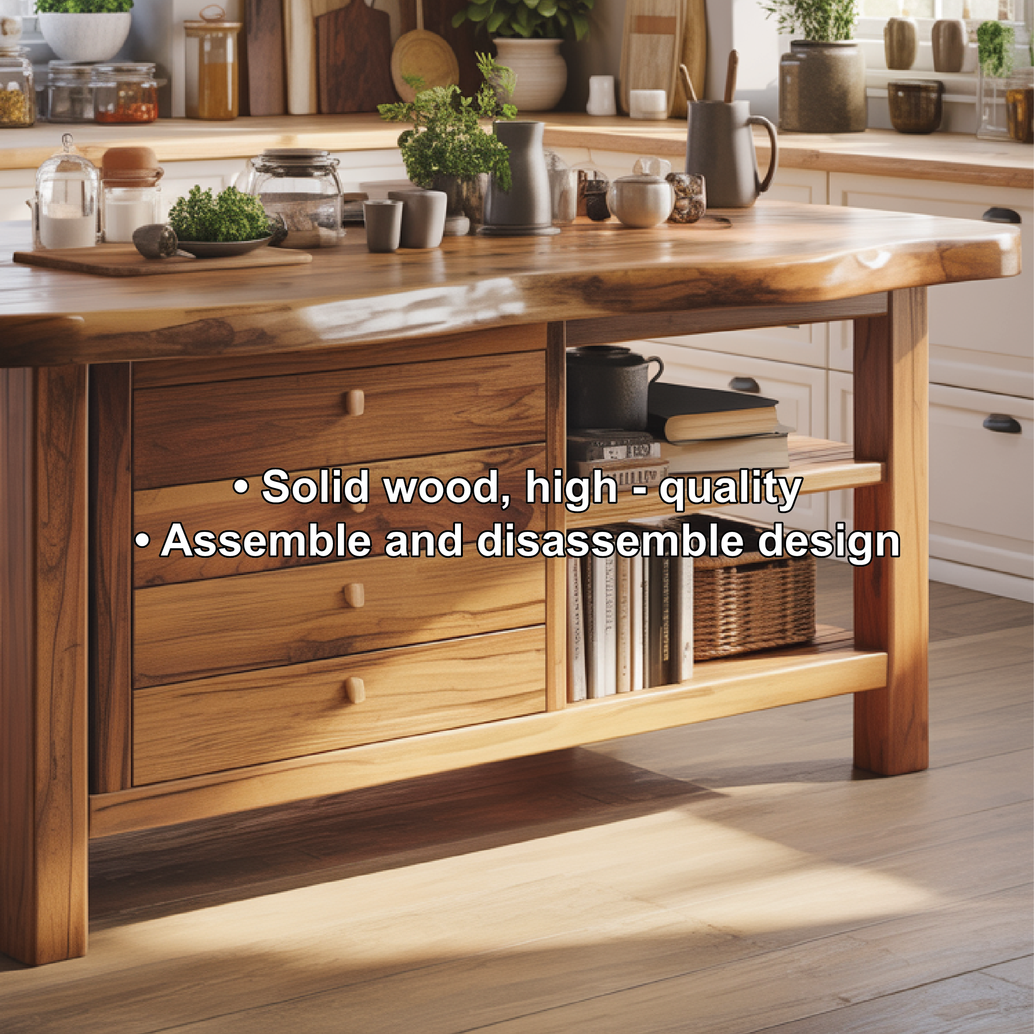 Handcrafted Solid Wood Kitchen Island with Drawers, Open Shelves, and Natural Live-Edge Top