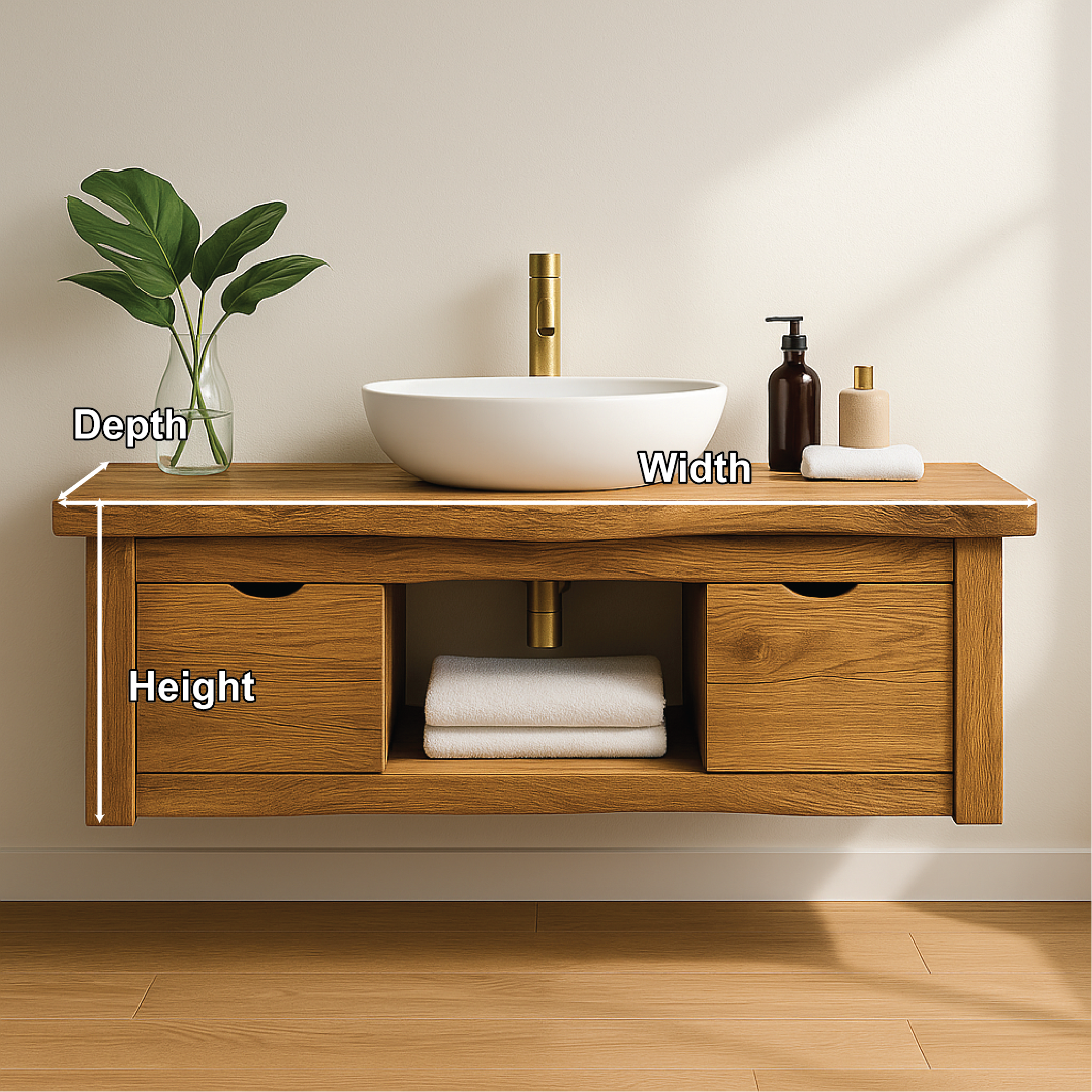 Handcrafted Solid Wood Floating Vanity with Minimalist Design and Dual Drawer Bathroom Storage