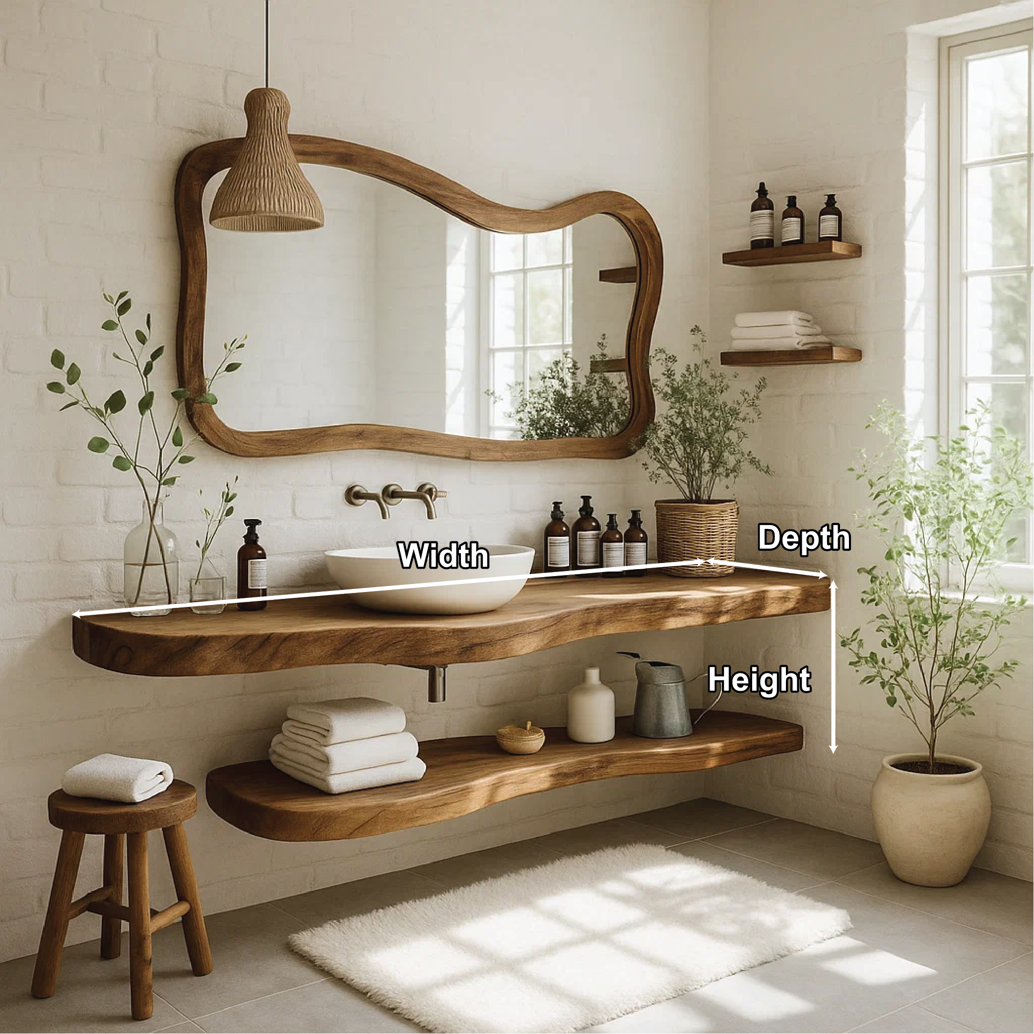 Handcrafted Solid Wood Floating Vanity – Live Edge Bathroom Sink Counter with Natural Finish