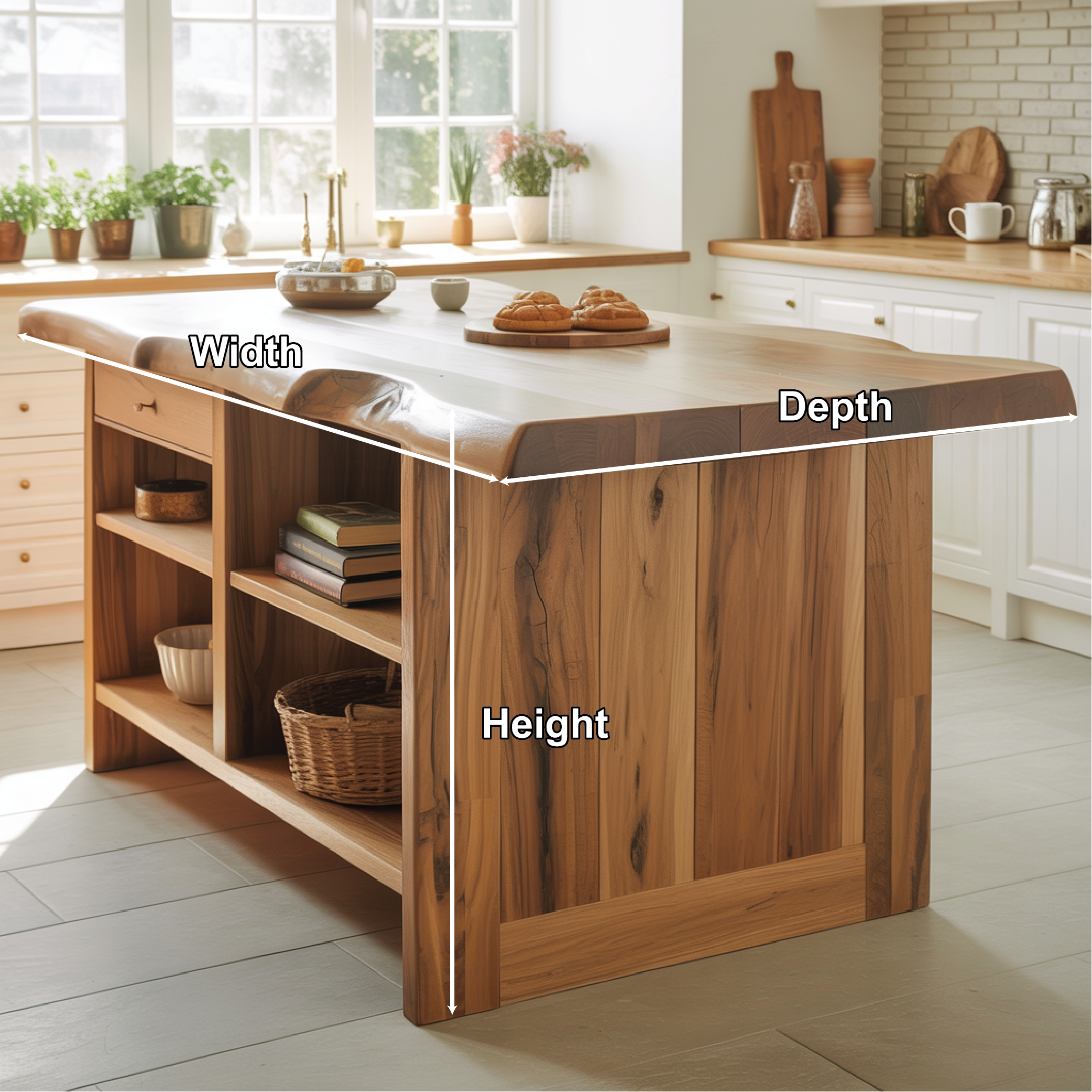 Handcrafted Solid Wood Kitchen Island with Live-Edge Top and Open Storage Shelves