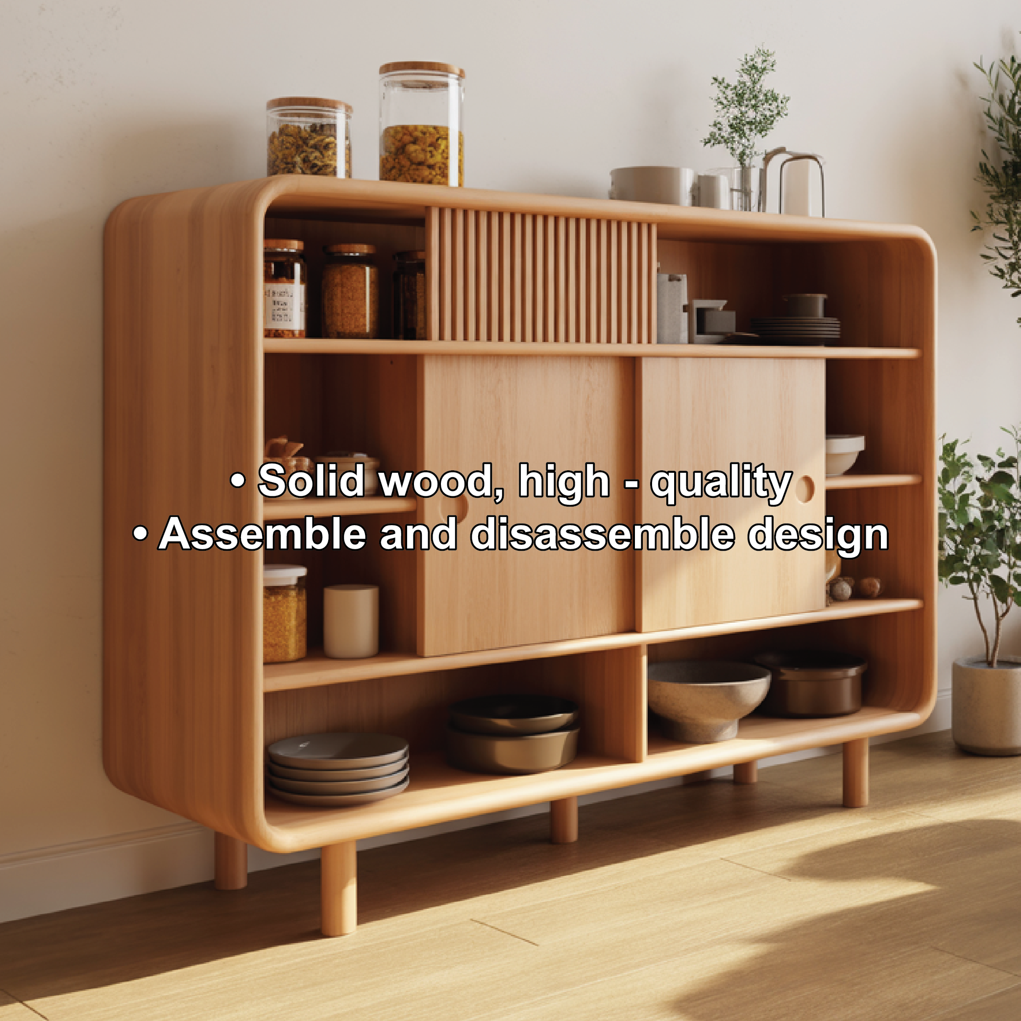 Solid Wood Console Table with Sliding Doors - Modern Storage Cabinet with Open Shelves