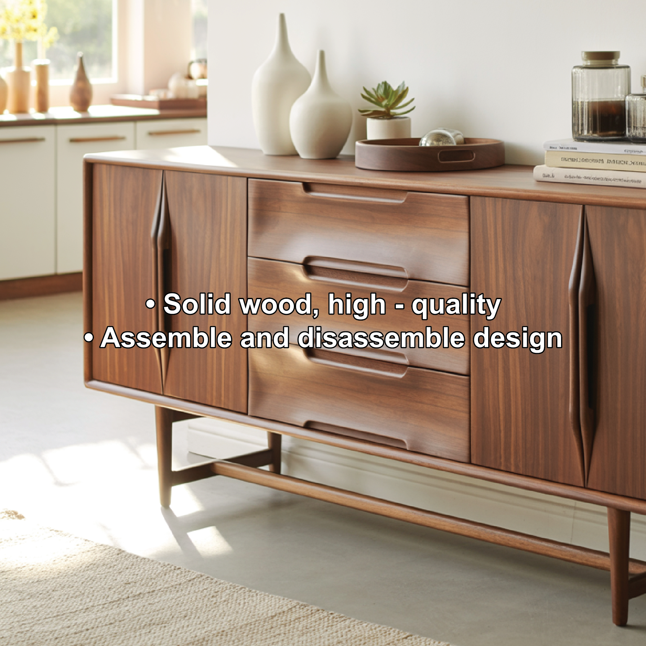 Handcrafted Solid Wood Dining Storage Sideboard with Sculpted Handles and Mid-Century Design