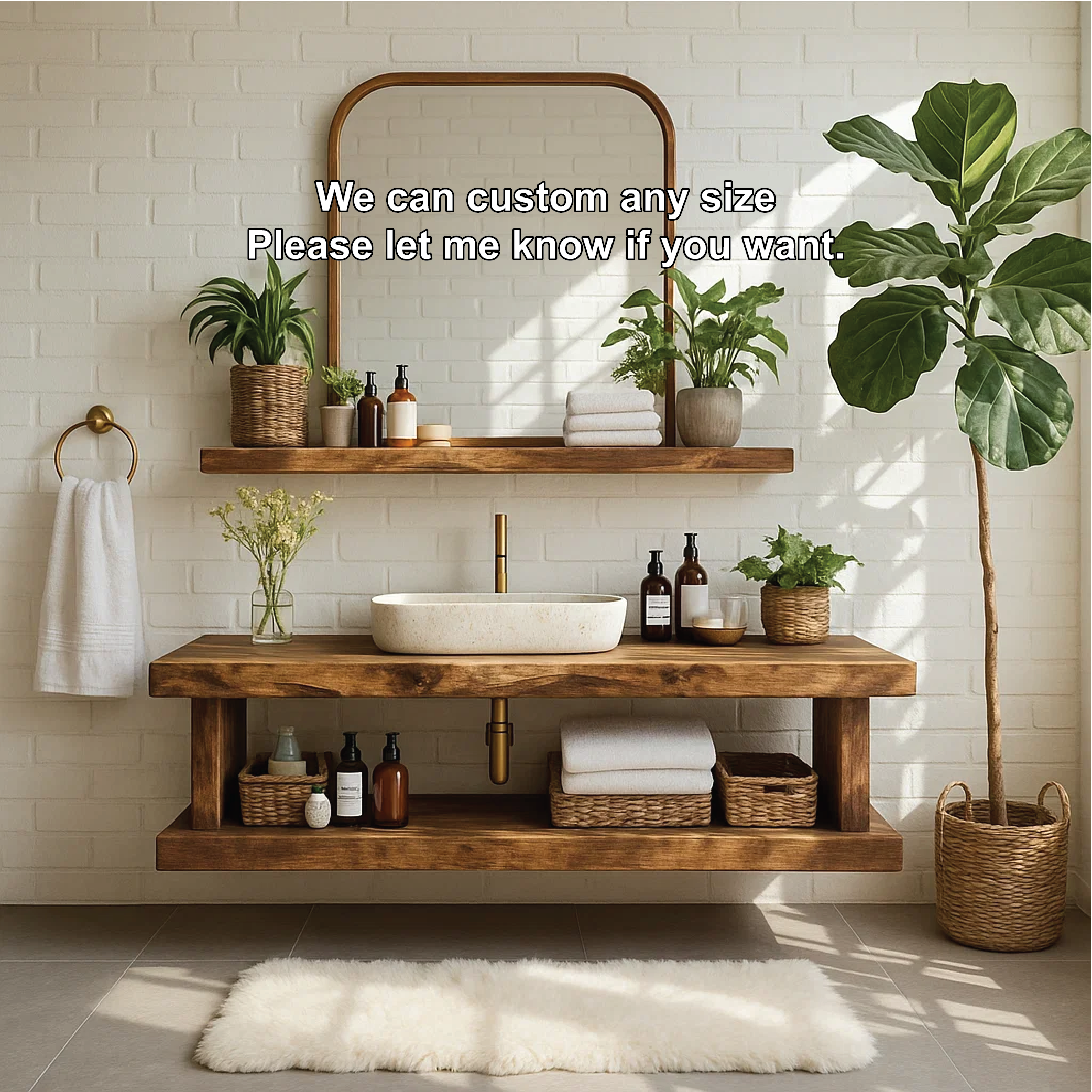 Handcrafted Solid Wood Floating Vanity with Live Edge Design and Open Shelf Storage