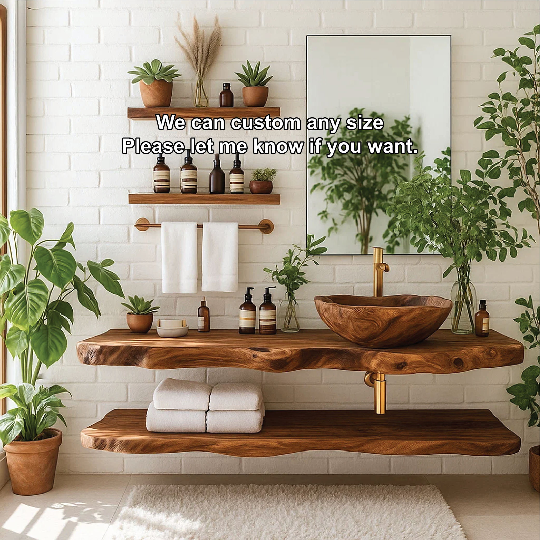 Handcrafted Solid Wood Floating Vanity – Live Edge Bathroom Counter with Vessel Sink Design