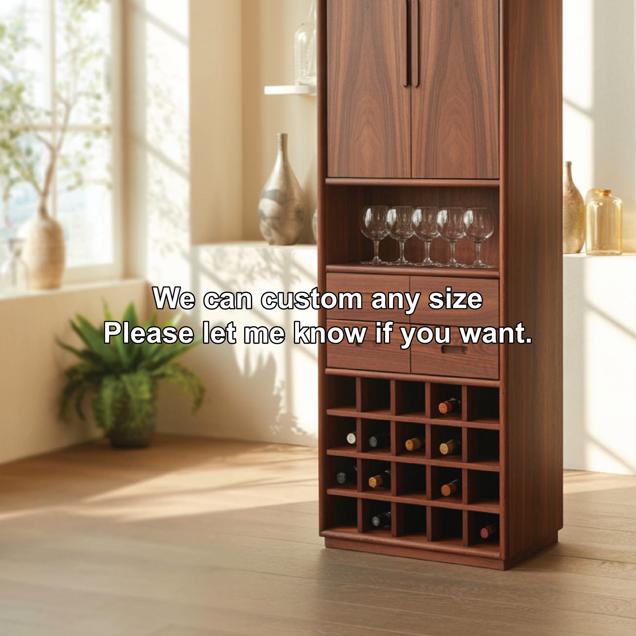 Handcrafted Solid Wood Dining Cabinet with Tall Doors, Wine Storage Grid and Four Drawers