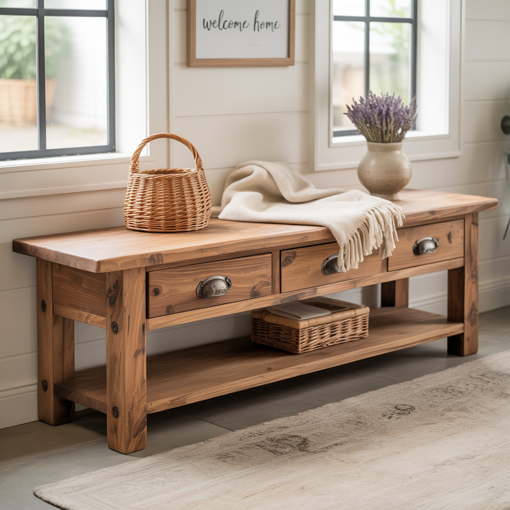 Handcrafted Solid Wood Bench – Rustic Entryway Bench with 3 Drawers & Shelf
