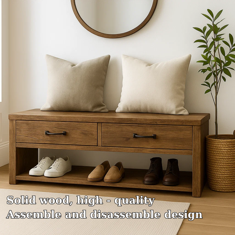 Handcrafted Solid Wood Bench – Rustic Walnut Entryway Shoe Bench with Drawers and Storage Shelf