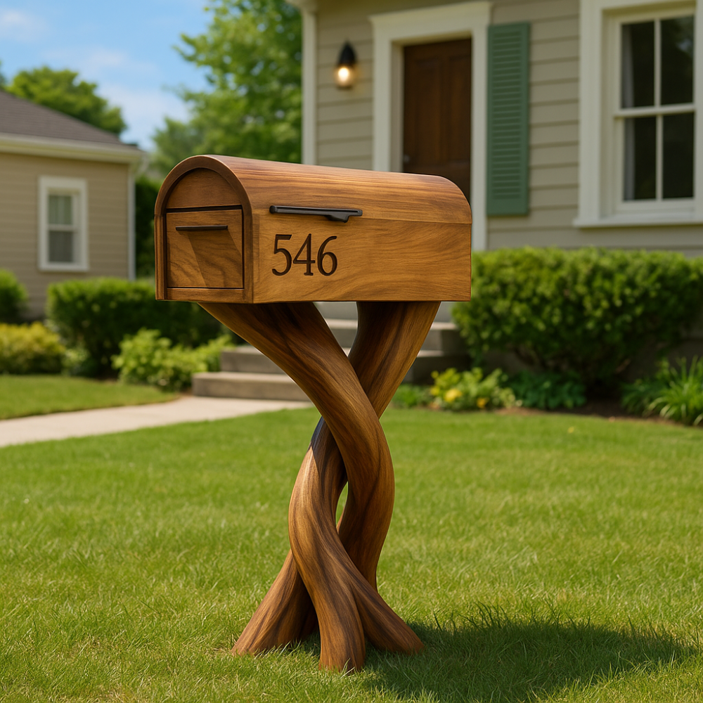Handcrafted Solid Wood Mailbox with Sculptural Twisted Base – Outdoor Decorative Post Box