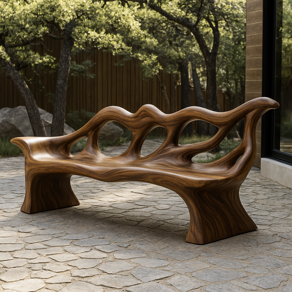 Handcrafted Solid Wood Bench with Backrest – Sculptural Organic Design for Indoor & Outdoor