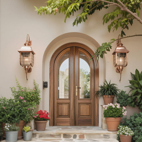 Arched Double Entry Door With Glass Panels For Mediterranean And Spanish Homes